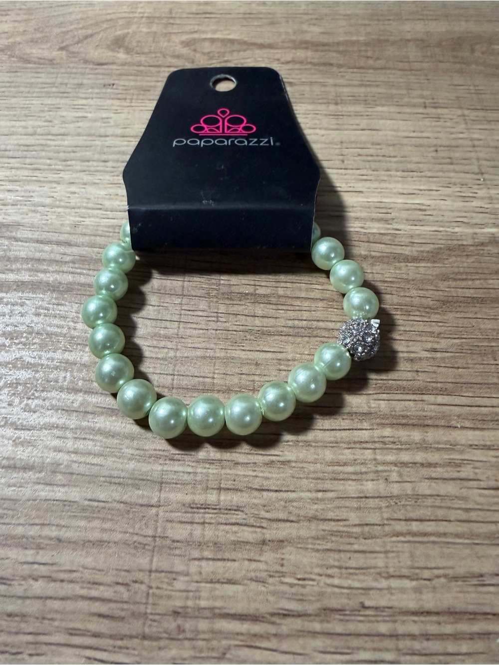 paparazzi Light Green Pearl Stretch Bracelet with Rhinestone Charm